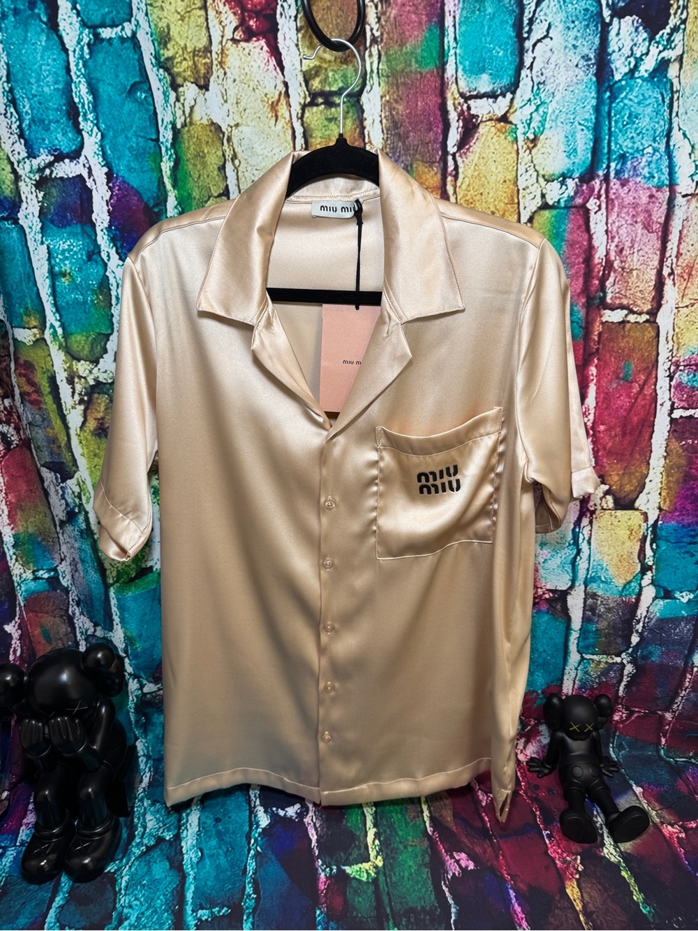 Miu Miu Men's Satin Short-Sleeve Shirt in Champagne
